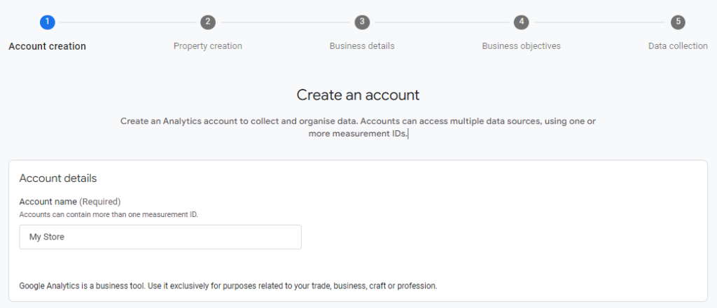 creating GA4 account for shopify