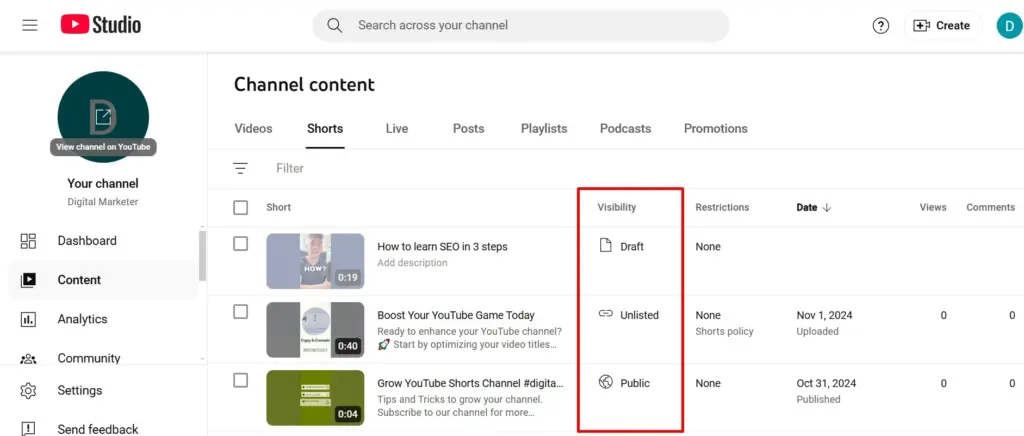 Shorts Visibility settings in YouTube Studio