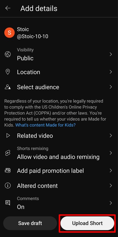 Add details to your text to voice YouTube Short and click on Upload Short