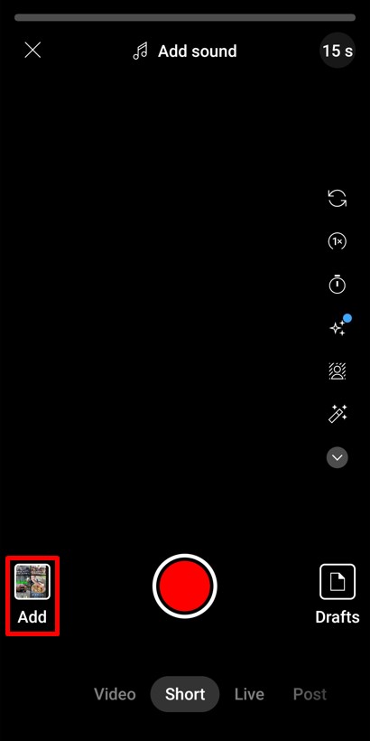 Create Short option in YouTube App