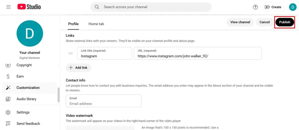 Publish the added Instagram Profile link on YouTube channel home page