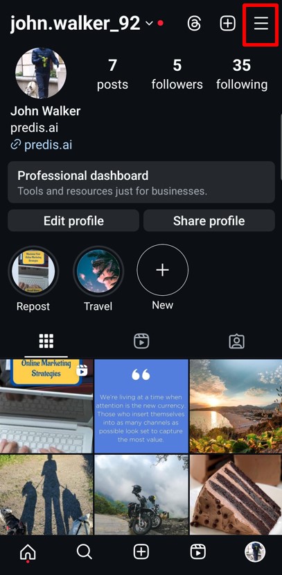 Instagram profile page