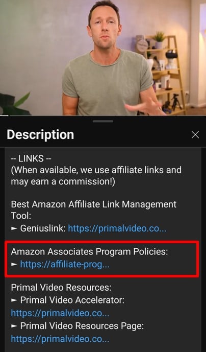 Affiliate link in YouTube video description