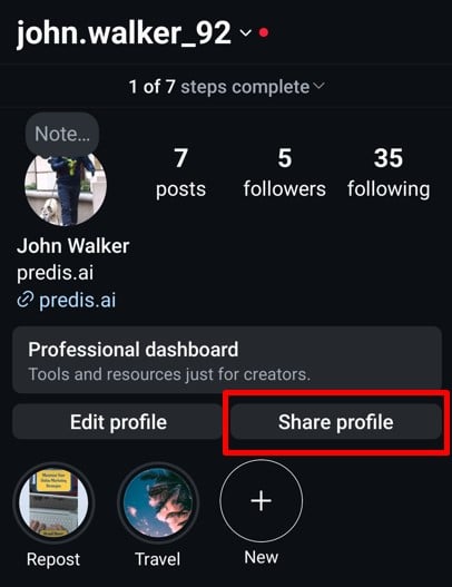 Share profile options for Instagram profile