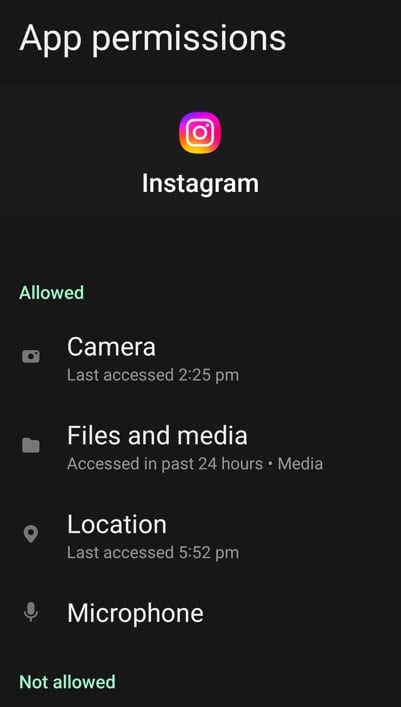 Instagram app permissions