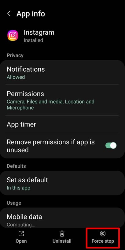 Force stop button on Android device