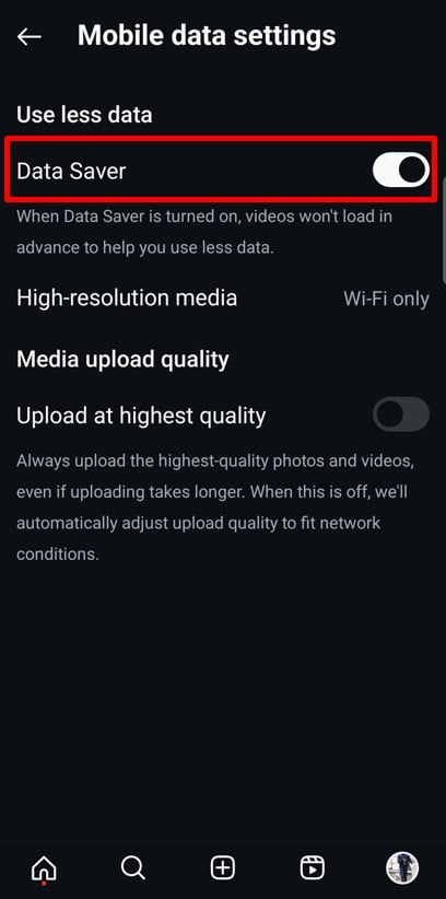 Data Saver mode in Instagram mobile data settings