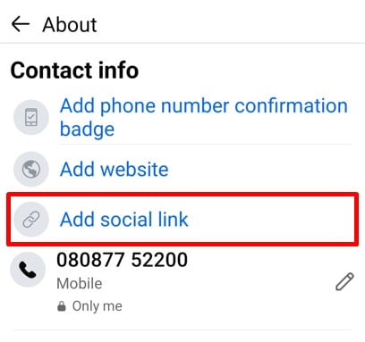 Contact info tab of Facebook