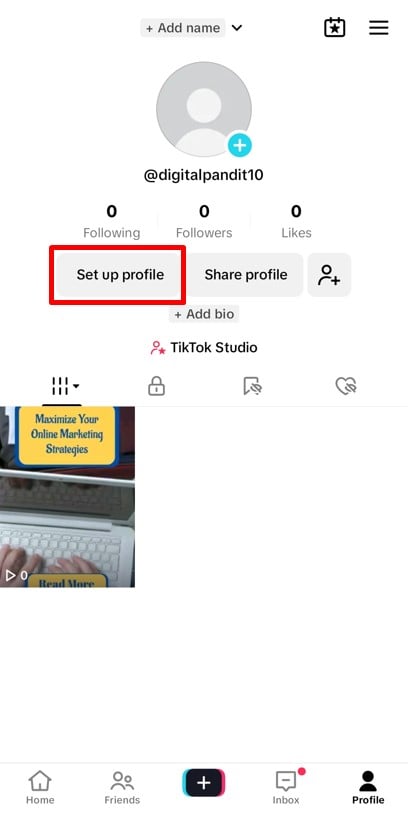 TikTok profile page options