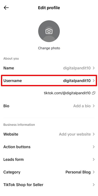 TikTok's Edit profile option