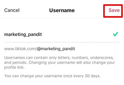 Save changes to your TikTok username