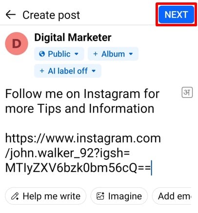 Create post with Instagram Profile link on facebook