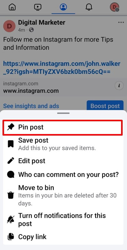 Pin Facebook post with Instagram profile link