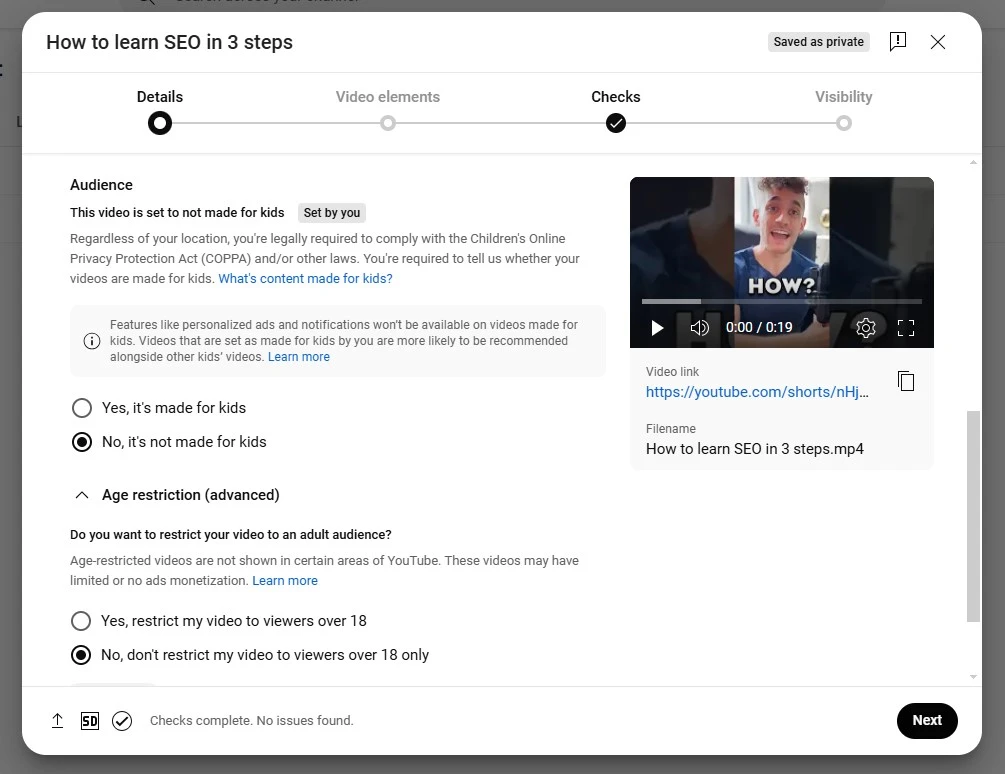 YouTube Shorts Audience and Restrictions settings