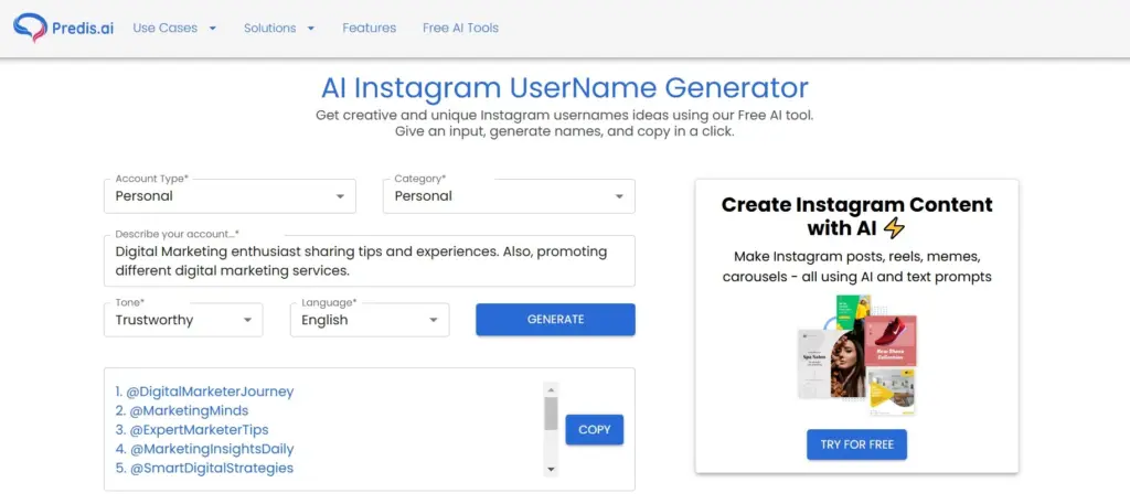 Predis.ai Instagram Username Generator