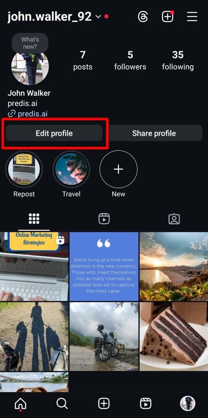 Click on Edit profile button in Instagram  profile page