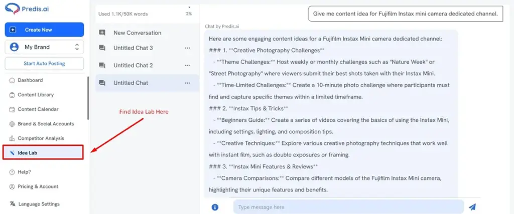 Predis.ai Idea labs tab view