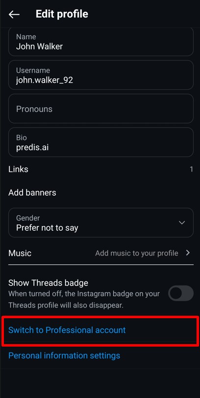 Scroll down and tap on Switch to Professional account