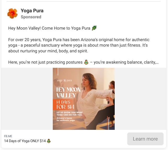 Instagram image ad example from Yoga Pura