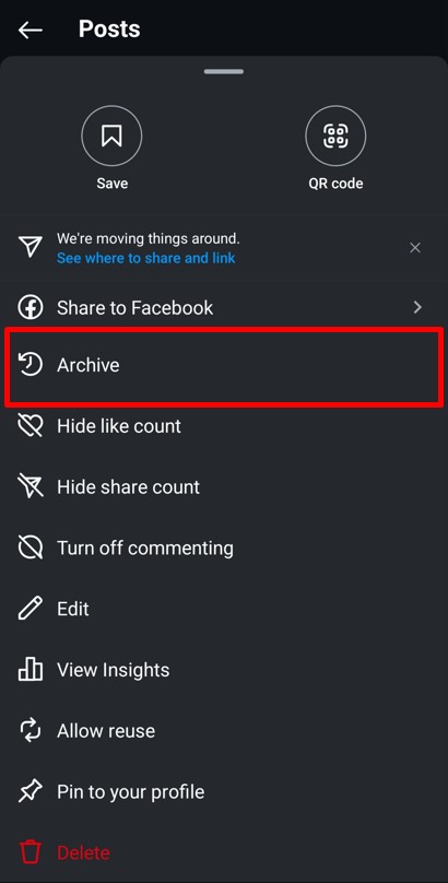 Tap on Archive to remove your Instagram post