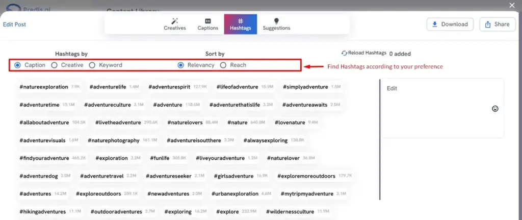 Hashtags discovery for YouTube Shorts automation in Predis.ai