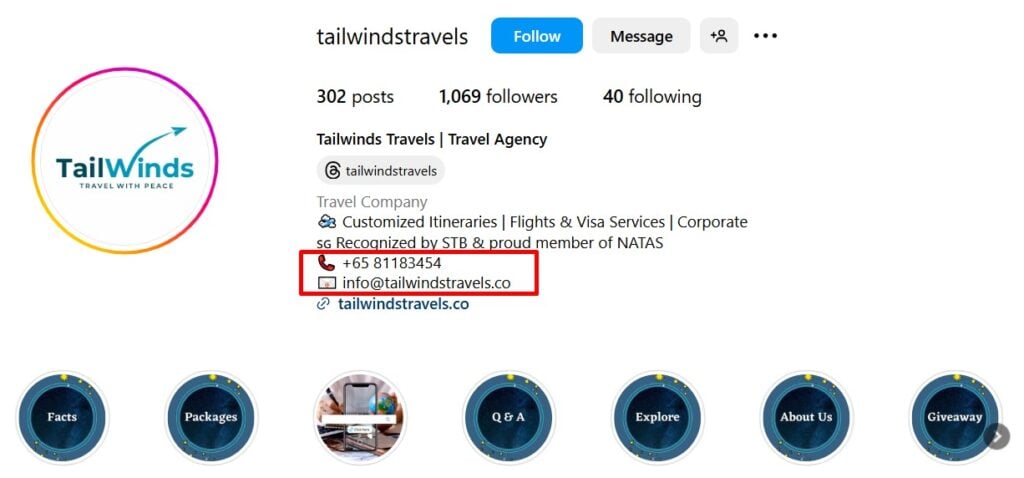 Contact info example for Instagram bio of travel agency