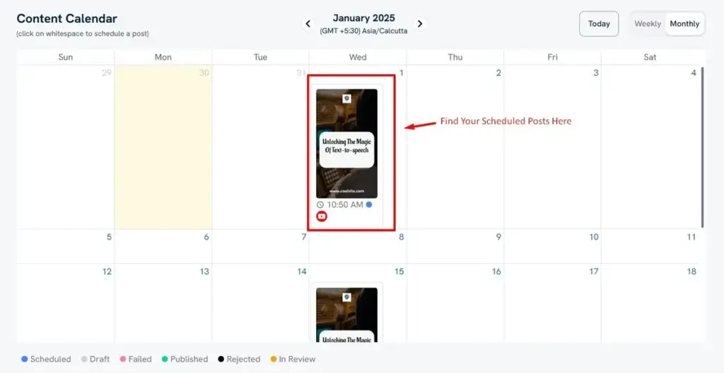 Predis.ai's Content calendar for managing all your YouTube content.