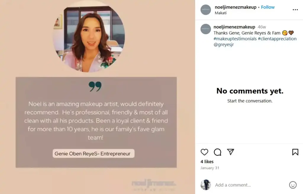 Customer testimonial post for makeup brand