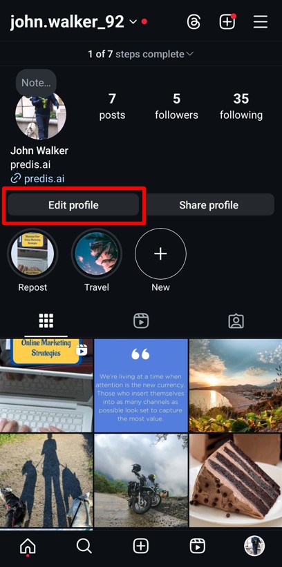 Click on Edit Profile option in Instagram's profile menu