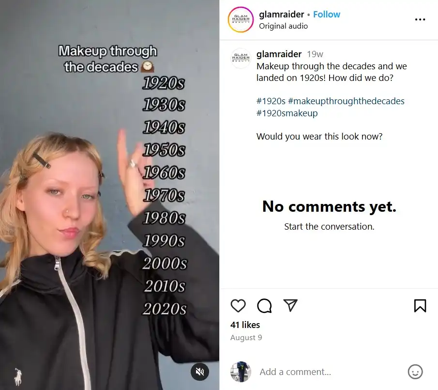 Instagram reel showing makeup through different decades