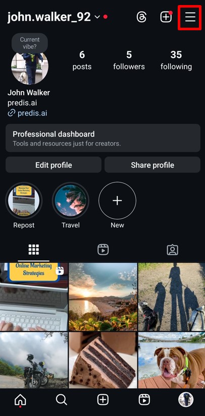 Tap on more options button in the top right corner of your Instagram profile page