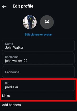 Tap different options in Edit profile tabe to update your bio