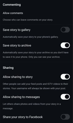 Edit Instagram Story setting options