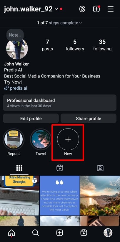 Instagram Highlights option in profile section. Tap on the + icon.