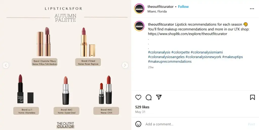 Instagram carousel post on makeup recommendations