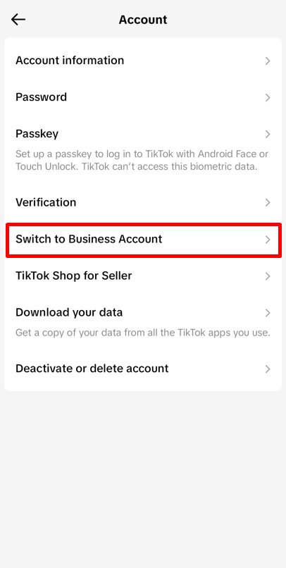 Account settings in TikTok