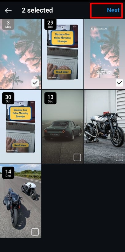 Select the stories for highlight and click on the Next button