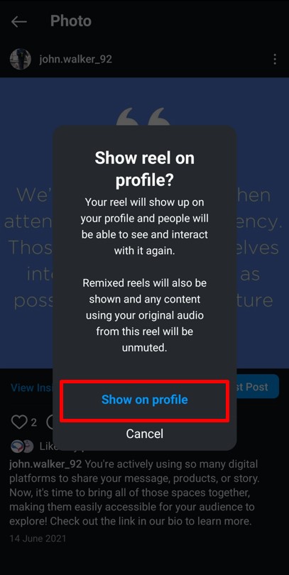 Confirm your choice by tapping on Show on Profile button in the pop-up