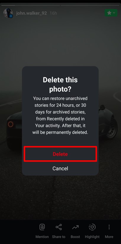 Confirmation pop-up for deleting your Instagram story