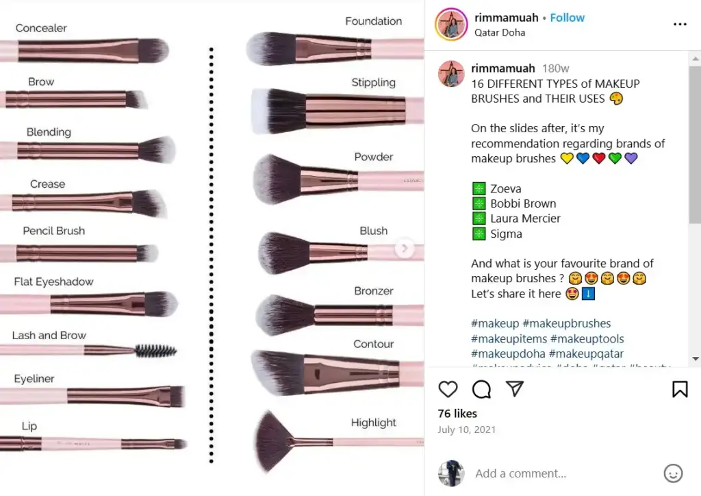 Different makeup brushes showcased in an Instagram carousel post