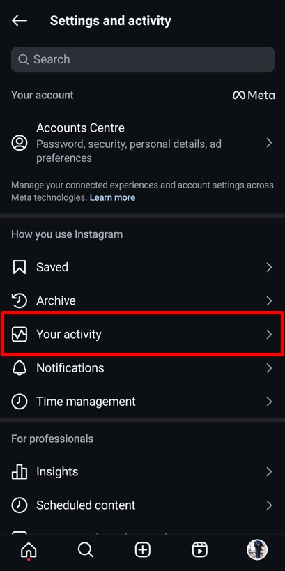 Select Your Activity option from the menu