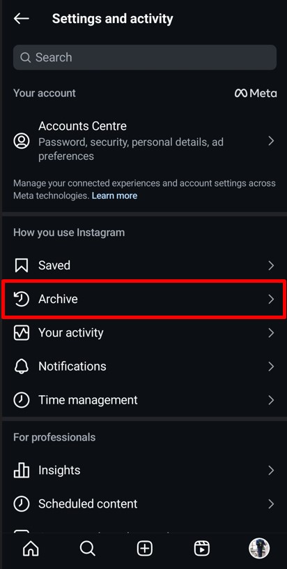 Instagram's Settings and Activity tab