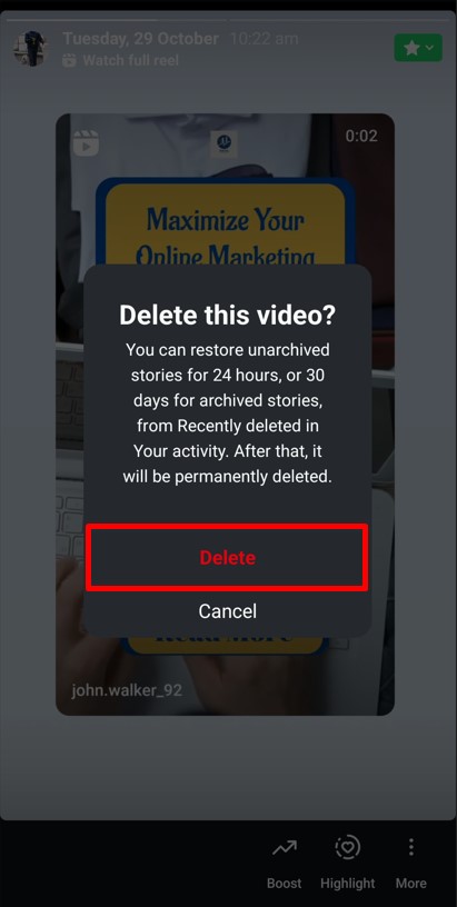 Confirm pop-up to delete your archived story