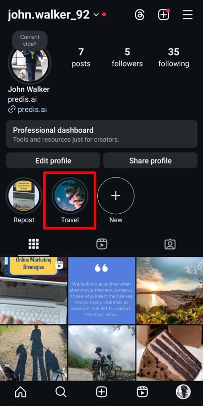 Highlights section in your Instagram profile view