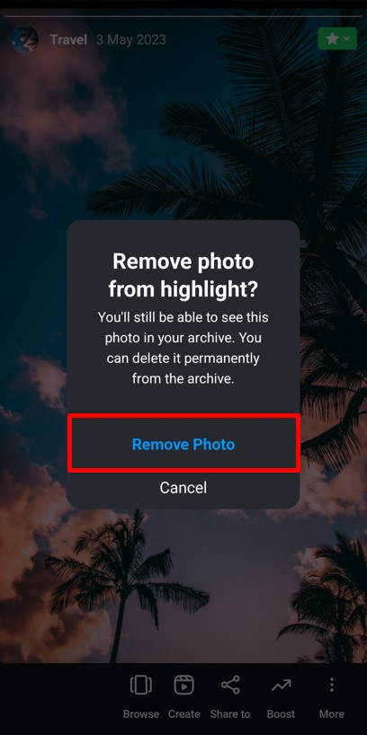 Confirmation pop-up to delete your Instagram Highlight