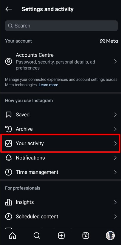 Instagram settings and activity panel