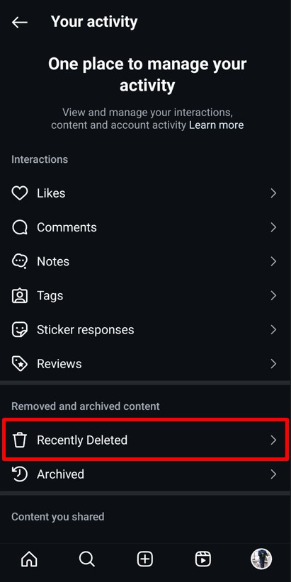 Your activity tab to manage your accounts content and activities