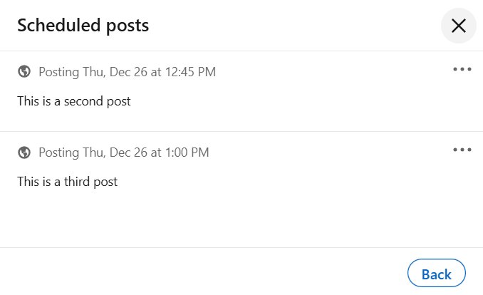 LinkedIn scheduled posts - List view