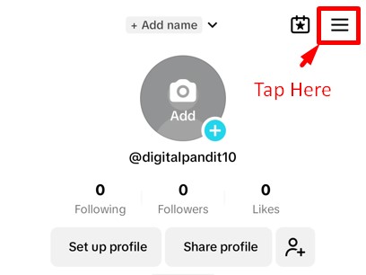 Menu button in the TikTok apps profile section