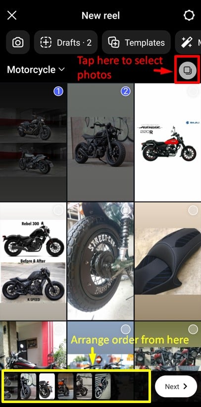 Option to choose and arrange the order  of photos for your Instagram Reel